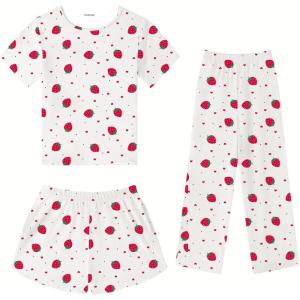 SWOMOG Girls Pajamas Sets 3 Piece Short Sleeve Sleepwear Summer Cute Pjs Cartoon Print Loungewear for Kids Size 6-15(3 Piece-white Little Strawberry)