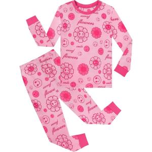 SWOMOG Girls Pajamas Sets 3 Piece Short Sleeve Sleepwear Summer Cute Pjs Cartoon Print Loungewear for Kids Size 6-15(Pink Smile&flower)
