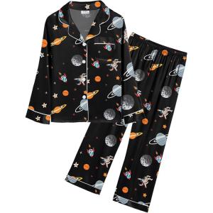 SWOMOG Kid Girls Boys Silk Satin Pajamas Set Button-Down PJs Sets Two-Piece Lounge Sets Long Sleeve Sleepwear(Black Astronaut)