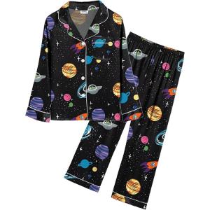 SWOMOG Kid Girls Boys Silk Satin Pajamas Set Button-Down PJs Sets Two-Piece Lounge Sets Long Sleeve Sleepwear(Black Rocket)