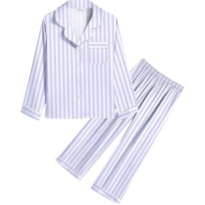 SWOMOG Kid Girls Boys Silk Satin Pajamas Set Button-Down PJs Sets Two-Piece Lounge Sets Long Sleeve Sleepwear(Purple Striped)