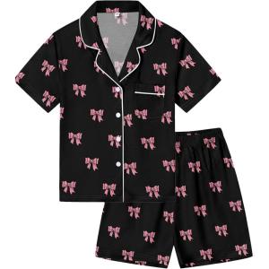 SWOMOG Kids Pajamas Sets 3PCS Short Sleeve Long Pants with Shorts Girls Boys Button Down PJS Cute Loungewear for 4T-15Years,(Black Bowknot)