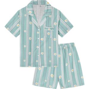 SWOMOG Kids Pajamas Sets 3PCS Short Sleeve Long Pants with Shorts Girls Boys Button Down PJS Cute Loungewear for 4T-15Years,(Blue Daisy)