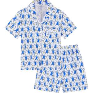 SWOMOG Kids Pajamas Sets 3PCS Short Sleeve Long Pants with Shorts Girls Boys Button Down PJS Cute Loungewear for 4T-15Years,(Blue Monkey)