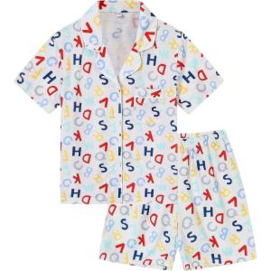 SWOMOG Kids Pajamas Sets 3PCS Short Sleeve Long Pants with Shorts Girls Boys Button Down PJS Cute Loungewear for 4T-15Years,(Letter)