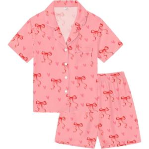SWOMOG Kids Pajamas Sets 3PCS Short Sleeve Long Pants with Shorts Girls Boys Button Down PJS Cute Loungewear for 4T-15Years,(Pink Bowknot)