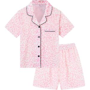 SWOMOG Kids Pajamas Sets 3PCS Short Sleeve Long Pants with Shorts Girls Boys Button Down PJS Cute Loungewear for 4T-15Years,(Pink Leopard)