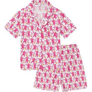 SWOMOG Kids Pajamas Sets 3PCS Short Sleeve Long Pants with Shorts Girls Boys Button Down PJS Cute Loungewear for 4T-15Years,(Pink Monkey)