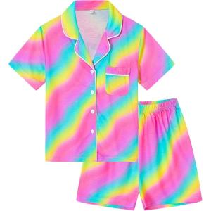 SWOMOG Kids Pajamas Sets 3PCS Short Sleeve Long Pants with Shorts Girls Boys Button Down PJS Cute Loungewear for 4T-15Years,(Rainbow)