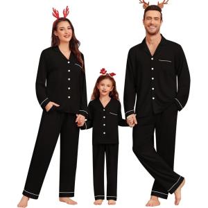 SWOMOG Matching Couple Christmas Pajamas Set Modal Long Sleeve Button-Down Sleepwear Family Festival Party Xmas PJs Sets(Black)