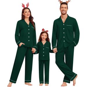 SWOMOG Matching Couple Christmas Pajamas Set Modal Long Sleeve Button-Down Sleepwear Family Festival Party Xmas PJs Sets(Green)
