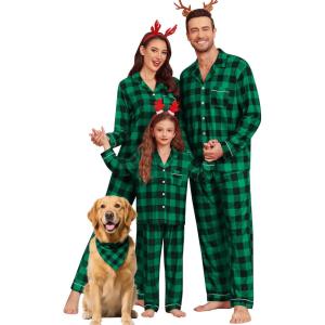 SWOMOG Matching Couple Christmas Pajamas Set Modal Long Sleeve Button-Down Sleepwear Family Festival Party Xmas PJs Sets(Green With Black Grid)