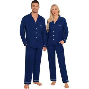 SWOMOG Matching Couple Christmas Pajamas Set Modal Long Sleeve Button-Down Sleepwear Family Festival Party Xmas PJs Sets(Navy Blue)