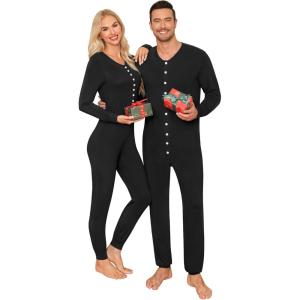 SWOMOG Matching Family Pajamas Sets Christmas Couple PJ’s Holiday Onesise Nightwear Household Sleepwear Sets with Pet bibs（Women，Black，Small）