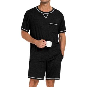 SWOMOG Men Modal Pajamas Set Comfy Sleepwear Short Sleeve Pjs Set Soft 2 Piece Lounge Set Cozy Nightwear with Pockets(Blecked Black)