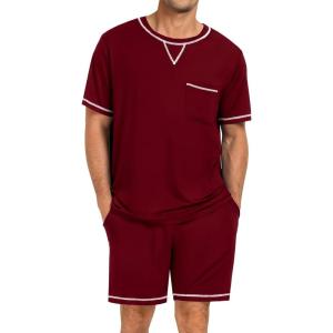 SWOMOG Men Modal Pajamas Set Comfy Sleepwear Short Sleeve Pjs Set Soft 2 Piece Lounge Set Cozy Nightwear with Pockets(Deep Wine Red)