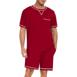 SWOMOG Men Modal Pajamas Set Comfy Sleepwear Short Sleeve Pjs Set Soft 2 Piece Lounge Set Cozy Nightwear with Pockets(Red)