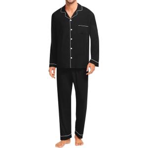 SWOMOG Men Pajamas Set Comfy Modal Pjs Button Down Sleepwear 2 Piece Long Sleeve Lounge Set Soft Nightwear with Pockets(Black)