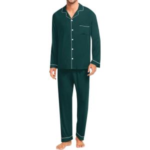 SWOMOG Men Pajamas Set Comfy Modal Pjs Button Down Sleepwear 2 Piece Long Sleeve Lounge Set Soft Nightwear with Pockets(Deep Green)
