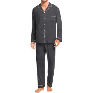 SWOMOG Men Pajamas Set Comfy Modal Pjs Button Down Sleepwear 2 Piece Long Sleeve Lounge Set Soft Nightwear with Pockets(Deep Grey)