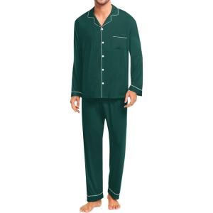 SWOMOG Men Pajamas Set Comfy Modal Pjs Button Down Sleepwear 2 Piece Long Sleeve Lounge Set Soft Nightwear with Pockets(Green)