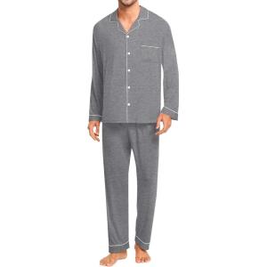 SWOMOG Men Pajamas Set Comfy Modal Pjs Button Down Sleepwear 2 Piece Long Sleeve Lounge Set Soft Nightwear with Pockets(Grey)