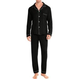 SWOMOG Men Pajamas Set Comfy Modal Pjs Button Down Sleepwear 2 Piece Long Sleeve Lounge Set Soft Nightwear with Pockets(No-pockets Black)