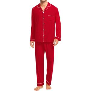 SWOMOG Men Pajamas Set Comfy Modal Pjs Button Down Sleepwear 2 Piece Long Sleeve Lounge Set Soft Nightwear with Pockets(Red)