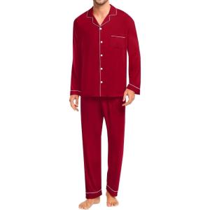 SWOMOG Men Pajamas Set Comfy Modal Pjs Button Down Sleepwear 2 Piece Long Sleeve Lounge Set Soft Nightwear with Pockets(Wine Red)