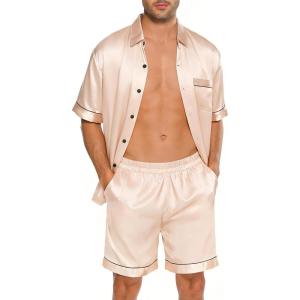 SWOMOG Men Silk Satin Pajamas Short Sleeve Pjs Set Button Down Sleepwear Soft Lounge Set Nightwear with Pockets(Champagne)