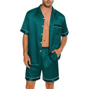 SWOMOG Men Silk Satin Pajamas Short Sleeve Pjs Set Button Down Sleepwear Soft Lounge Set Nightwear with Pockets(Deep Green)