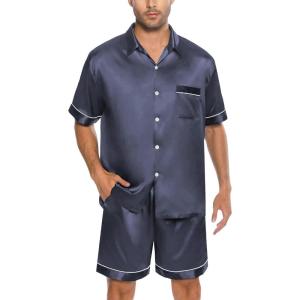 SWOMOG Men Silk Satin Pajamas Short Sleeve Pjs Set Button Down Sleepwear Soft Lounge Set Nightwear with Pockets(Deep Grey)