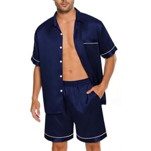 SWOMOG Men Silk Satin Pajamas Short Sleeve Pjs Set Button Down Sleepwear Soft Lounge Set Nightwear with Pockets(Deep Navy Blue)