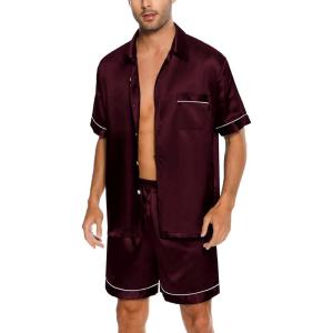 SWOMOG Men Silk Satin Pajamas Short Sleeve Pjs Set Button Down Sleepwear Soft Lounge Set Nightwear with Pockets(Deep Wine Red)