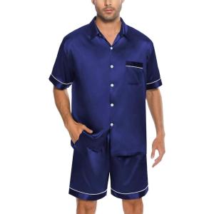 SWOMOG Men Silk Satin Pajamas Short Sleeve Pjs Set Button Down Sleepwear Soft Lounge Set Nightwear with Pockets(Navy Blue)
