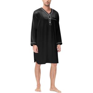 SWOMOG Mens Silk Satin Nightshirt Short Sleeve Loose Henley Sleep Shirt Comfy Nightgown Big & Tall Men Sleepwear(Black)
