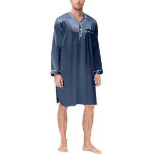 SWOMOG Mens Silk Satin Nightshirt Short Sleeve Loose Henley Sleep Shirt Comfy Nightgown Big & Tall Men Sleepwear(Deep Grey)