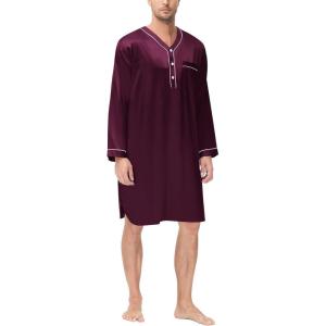 SWOMOG Mens Silk Satin Nightshirt Short Sleeve Loose Henley Sleep Shirt Comfy Nightgown Big & Tall Men Sleepwear(Deep Wine Red)