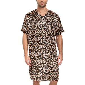 SWOMOG Mens Silk Satin Nightshirt Short Sleeve Loose Henley Sleep Shirt Comfy Nightgown Big & Tall Men Sleepwear(Leopard)