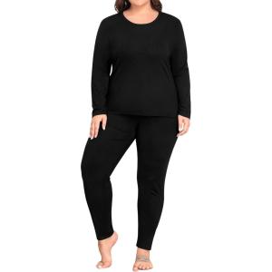 SWOMOG Plus Size Thermal Underwear Sets for Women Long Johns Base Layer Set 2 Pcs Underwear Top & Bottom Pajama Set(Black)