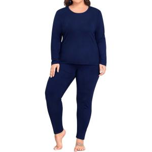 SWOMOG Plus Size Thermal Underwear Sets for Women Long Johns Base Layer Set 2 Pcs Underwear Top & Bottom Pajama Set(Navy Blue)
