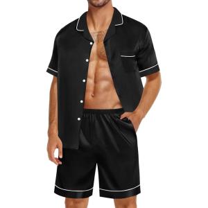 SWOMOG Satin Silk Pajamas Sets for Men short sleeve 2 Piece Button Down Sleepwear mens loungewear sets with pockets(Black)