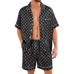 SWOMOG Satin Silk Pajamas Sets for Men short sleeve 2 Piece Button Down Sleepwear mens loungewear sets with pockets(Black Floral)
