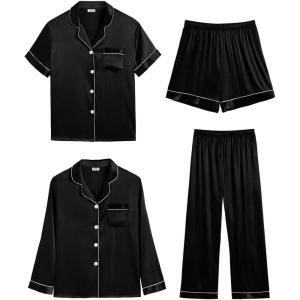 SWOMOG Women 4Pcs Silk Pajamas Set Button Down Sleepwear Loungewear Pj Sets for Ladies Nightwear(Black)