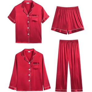 SWOMOG Women 4Pcs Silk Pajamas Set Button Down Sleepwear Loungewear Pj Sets for Ladies Nightwear(Christmas Red)