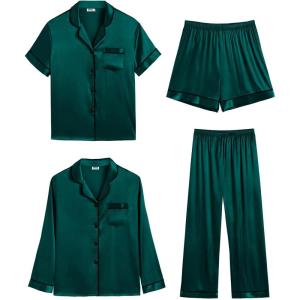 SWOMOG Women 4Pcs Silk Pajamas Set Button Down Sleepwear Loungewear Pj Sets for Ladies Nightwear(Deep Green)
