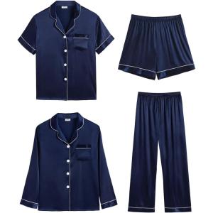 SWOMOG Women 4Pcs Silk Pajamas Set Button Down Sleepwear Loungewear Pj Sets for Ladies Nightwear(Deep Navy Blue)