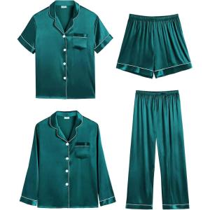 SWOMOG Women 4Pcs Silk Pajamas Set Button Down Sleepwear Loungewear Pj Sets for Ladies Nightwear(Green)