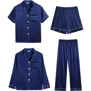 SWOMOG Women 4Pcs Silk Pajamas Set Button Down Sleepwear Loungewear Pj Sets for Ladies Nightwear(Navy Blue)