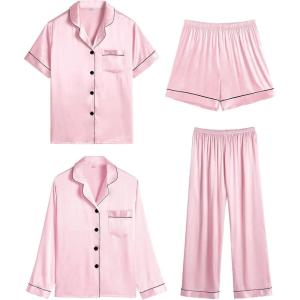 SWOMOG Women 4Pcs Silk Pajamas Set Button Down Sleepwear Loungewear Pj Sets for Ladies Nightwear(Pink)